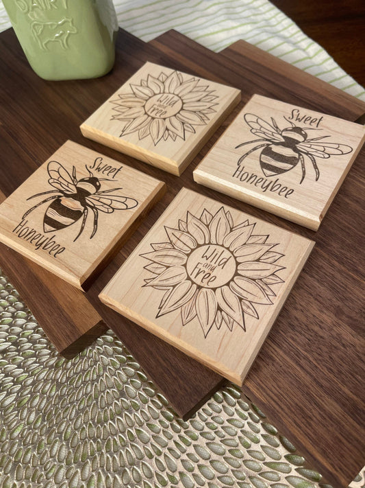 wood coasters | farmhouse coasters | rustic maple coasters | wooden coasters | sunflower coasters | honey bee coasters | engraved coasters